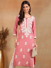 Women Pink Viscose Rayon Solid Embroidered Chikankari Straight Kurta-VCK9776PNK